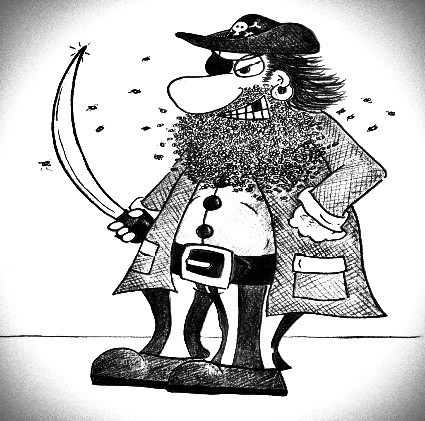Here's Captain Bee Beard - a pirate who has a beard made out of bees! (From Mr. Wolf's children's book: Terry The Time Travelling Tortoise.)