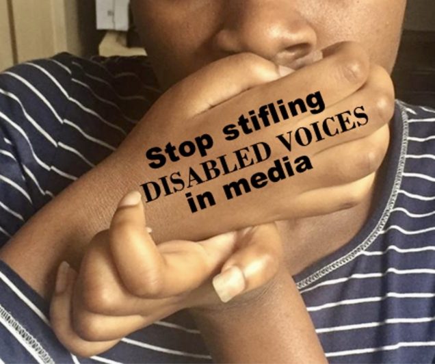 Photo of The Wheelchair Teen with her hand over her mouth and the words: “Stop stifling disabled voices in media” on them.